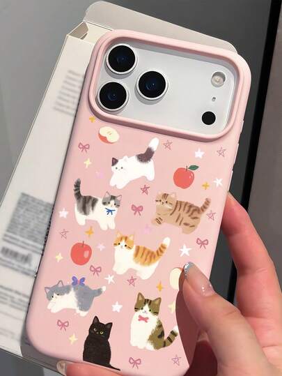 1pc Cute Cat Elements Pink Liquid Silicone TPU Shockproof Fashionable Cute Star Fruit Cat Pattern Straight Edge Phone Case Compatible With Iphone 16 Pro Max/16/16 Pro/16 Plus/15/15 Pro Max/15 Pro/11/12/13/14 Pro Max/11 Pro/11 Pro Max/12 Pro/12 Pro Max/13 Pro/13 Pro Max/14 Pro/14 Pro Max Soft Case With Elegant Vibe Spring Gift