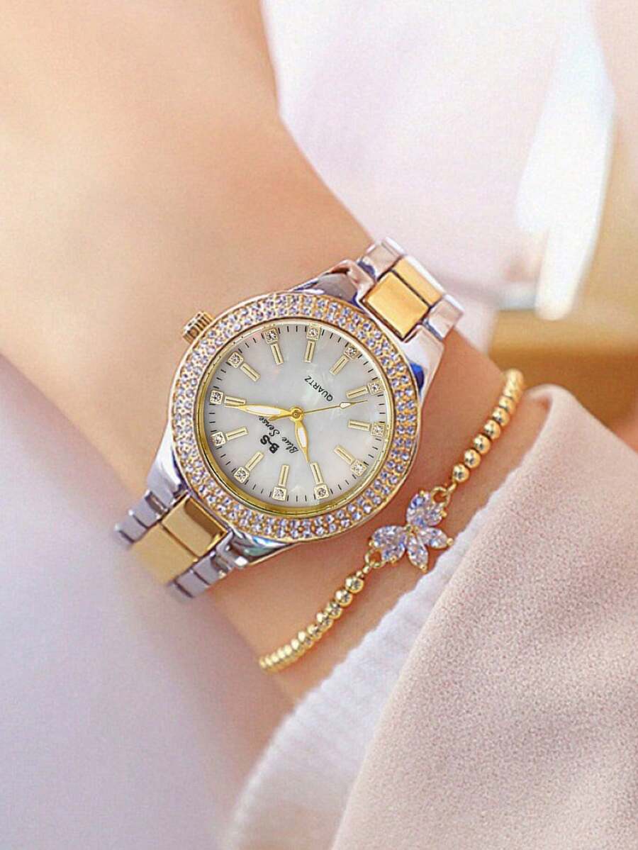2PCS Fashion Luxury Diamond Inlaid Popular Women's Watch Set, Round Dial With Classic Diamond Inlaid Chain Bracelet, Fashionable And Charming, The First Choice For Women's Gifts - one-size - View 1
