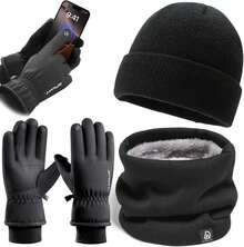 Kit 3pzs Guantes para Frio y Gorro Invierno Bufanda,Diseño de Forro de Felpa,Guantes de Invierno con Pantalla Táctil y Impermeable,para Ciclismo, Running, Esquí, MontañIsmo, Hombre y Mujers - Gris - Ver 6