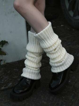 1 Pair Women's Solid Vertical Striped Warm Decorative Cute Leg Warmers, Suitable For Spring, Autumn And Winter