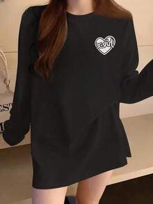 [Women's New Fall/Winter Series] Daily Casual Loose-Fit Round Neck Cotton Color Print 210g Long Sleeve T-Shirt - Black - View 2