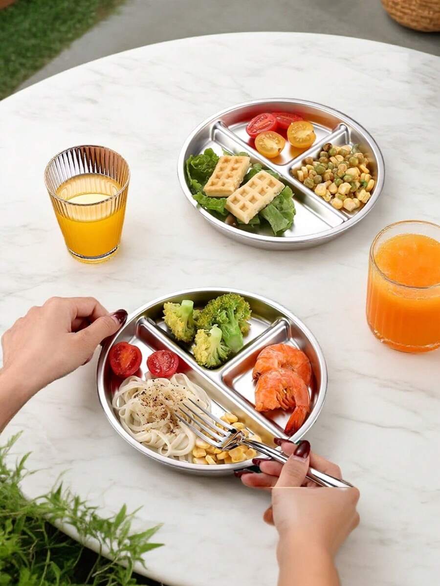 1pc 304 Stainless Steel Round Dinner Plate, Three-Compartment Separation Silver Simple Separate Meal Preservation Nordic Style Solid Color Zoning Light Food Office Daily Suitable Dining Plate