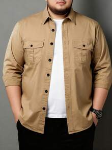 加大码男士卡其色纯色长袖衬衫，经典秋季新款休闲衬衫上衣 - 卡其色 - 查看 1