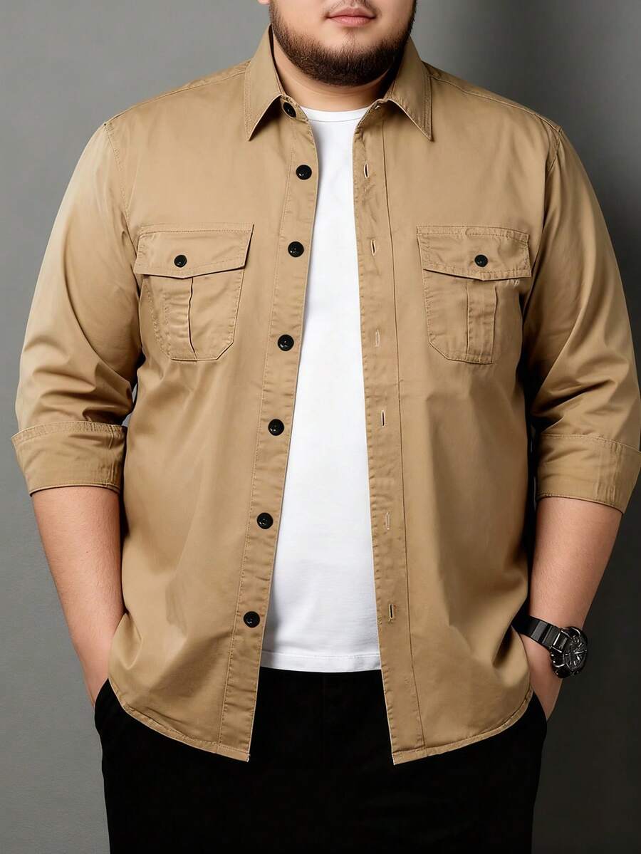 加大码男士卡其色纯色长袖衬衫，经典秋季新款休闲衬衫上衣 - 卡其色 - 查看 1