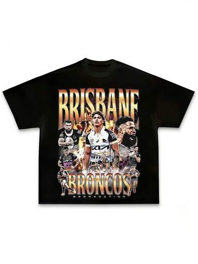 BBroncos'S 2025 Brisbane & Player Action-Shirt - Black With GoldenYellow Design - Mascot - Casual Fan Apparel - Comfortable -Like Texture (Short Sleeve, Round Neck) - Broncos Supporters, Everyday Tshirt  Sporty Grap