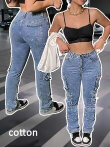 Jeans bleu clair mi-taille moulant cargo à poches multiples pour femmes - Style de rue casual, levant les fesses et affinant la silhouette, pantalon en jean polyvalent pour tous les jours