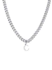 1 Pc Stainless Steel 26 Alphabet Pendant Necklace, Classic Width 35mm Curb Chain Necklace For Men, Suitable As Valentine's Day Gift, For Party And Daily Wear - Silver - View 5