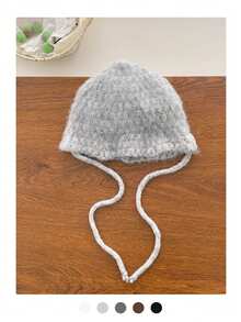1 件纯色秋冬新款针织帽，女士系带小脸保暖针织混纺无檐帽，简约时尚可爱耳暖百搭渔夫帽
