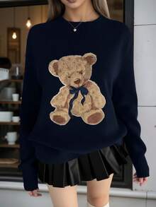 Áo len nữ tay dài cổ tròn màu xanh navy họa tiết gấu hoạt hình, kiểu dáng thường ngày, thanh lịch, thích hợp cho các buổi hẹn hò, dạo phố, thời trang Y2K, trang phục đêm giao thừa, sinh nhật, mùa xuân, lễ hội, ngày lễ, dự tiệc, du lịch biển, kỳ nghỉ. - Xanh đậm - Xem 6