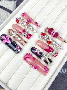 Bộ 10 móng tay giả cao cấp hình ống hút thuốc và đầu nhọn, có thể tái sử dụng, họa tiết vẽ tay - Hoa 3D, môi đỏ, bướm nhuộm tie-dye, điểm nhấn đá quý, bóng gel, thích hợp cho bé gái sử dụng hàng ngày, lễ hội, tiệc tùng, quà tặng sinh nhật, kèm bộ dụng cụ. - Màu Hồng Tươi - Xem 4