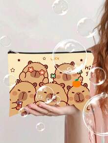 1个水豚旅行洗漱包 - 可爱的水豚图案化妆包，带拉链，棕色动物设计，耐用女士化妆包，节日礼物，趣味设计，拉链袋，女士必备 - 彩色 - 查看 6