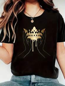 Top de Manga Corta con Estampado de Corona de Mano para Verano y Primavera - Negro - Ver 1