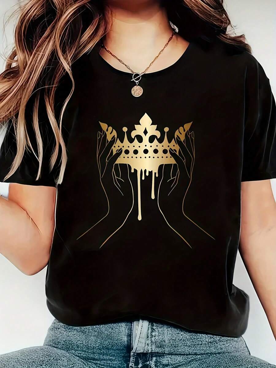 Top de Manga Corta con Estampado de Corona de Mano para Verano y Primavera - Negro - Ver 1
