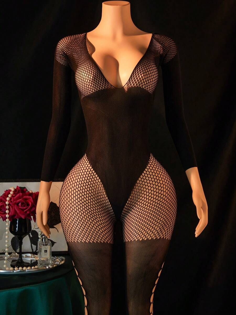女士性感内衣长袖深V领镂空连体衣渔网网眼连体袜诱惑睡衣 - 黑色 - 查看 1
