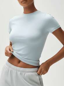 RRIVE Basic Soft Ribbed Baby Tee Slim Fit T-Shirt Solid Crew Neck Short Sleeve Tops For Women, Stretchy Basic Tee For Yoga Workout Gym Athleisure Casual Daily Wear Summer Spring Outfits Vacation Outfits Women - 淺藍色 - 查看 6