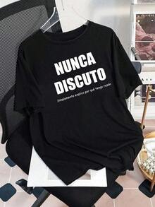 Tricou grafic de vară pentru femei cu slogan spaniol, top casual și confortabil pentru uz zilnic. - Negru - Vizualizare 2