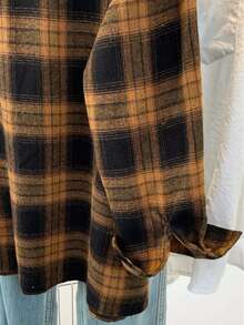 Women's Plaid Shirt With Notch Lapel Front Button Casual Long Sleeve Top With Pockets For Fall Winter Spring,Plus Size Women Clothes - Brown - View 6