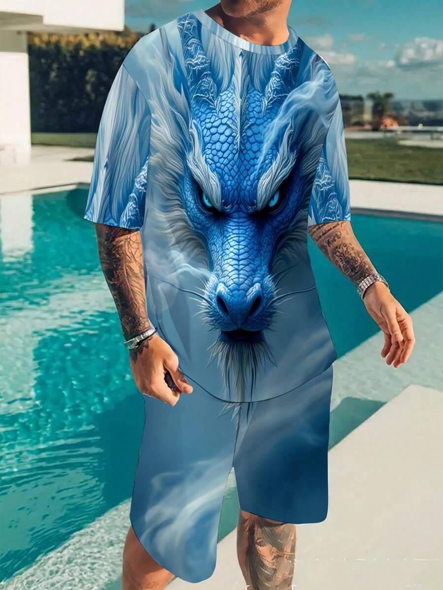 Men's 2pcs Dragon Print Athletic Set - Quick-Dry Breathable Full-Body Blue Dragon Scale Design T-Shirt & Matching Shorts, All-Season Gym, Outdoor, Beach & Casual Wear - Training Suit For Men (Regular Fit, Easy Care) - Ideal For Hiking, Running, Parties & Everyday Use - Dragon-Themed Outfit With Round Neck & Hand Wash/Dry Clean Care - Perfect For Fitness, Sports & Casual Outings, Outdoor Activewear, Lightweight Material, Easycare Fabric, Gym Enthusiasts - 彩色 - 查看 1