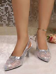 Women's Silver High Heel Shoes, Fashion Mesh Sequin Stiletto Heels, Fairy Style Summer New Pointed Toe Slip-On Pumps, Breathable Closed Toe Silver Sandals - Silver - View 3
