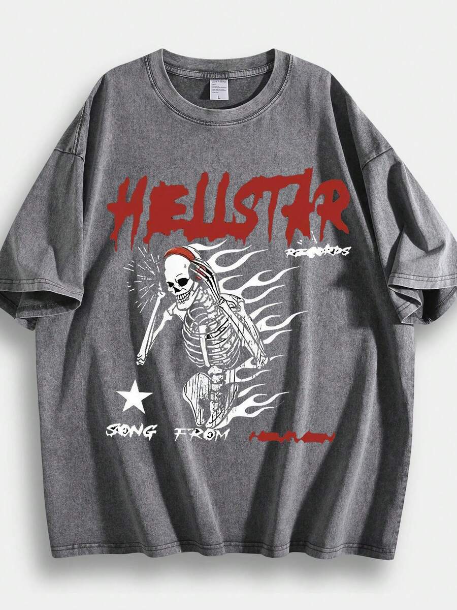Washed T-Shirt Men'S Retro  Skeleton Graphic Tee, Bold Red Dripping  Text With Punk Rock Vibe And White Flame-Skull Design On Vibrant Pink Background, Vintage 90S Metal Aesthetic With Star & Song From Heaven Tagline, Nostalgic Short - Xám - Xem 1