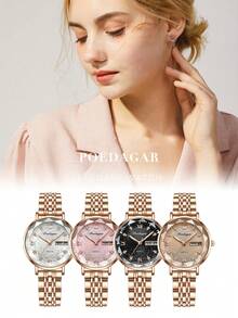 POEDAGAR 1款时尚女士玫瑰金不锈钢防水夜光日期显示腕表，饰有图案表盘和水钻，优雅石英表，适合日常佩戴和正式场合，女士礼物