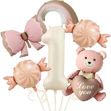 1 Set de decoraciones con globos de aluminio con diseños de oso de peluche, corazón, caramelo, moño y arcoíris para fiesta de cumpleaños, decoración del hogar - Multicolor - Ver 20