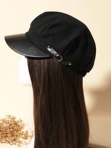 1pc Women Buckle Decor Baker Boy Cap - màu đen - Xem 2