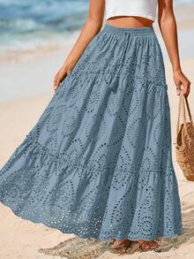 Women's Casual Lace Embroidery Eyelet Elastic High Waist Tiered A-Line Flowy Long Skirt Summer Boho Bohemian Beach Spring Holiday Vacation Going Out Valentine Long Maxi Skirt Outfits - xám xanh - Xem 4