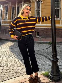 HH Women's Spring Colorblock Striped Knit Pullover, Women's Loose Fit Turtleneck Long Sleeve Sweater, Retro Fashion Top - 黃色 - 查看 6