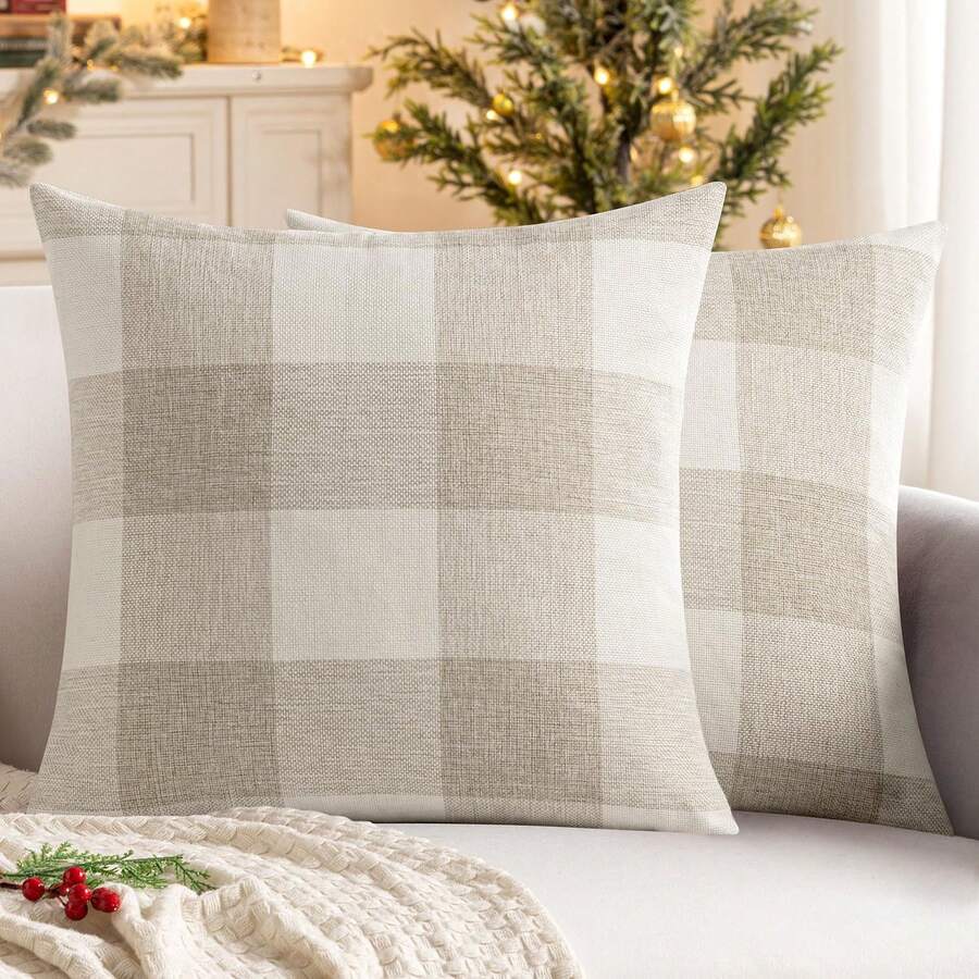 1pc Classic Plaid Pattern Linen Pillow Cover, Autumn Winter Cushion Case For Living Room Sofa Decoration - Beige - View 1