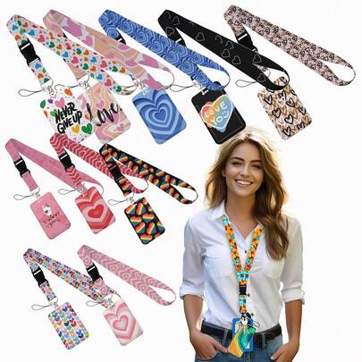 Heart Shape Print Keychain Ribbon Lanyards For Keys ID Card Collectors Phone Straps Rope Students Badge Holder New