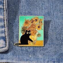 Broșă emailată cu pisică neagră cu floarea-soarelui Van Gogh, broșe decorative de modă, ornamente, rever, geantă, insigne, bijuterii, cadouri