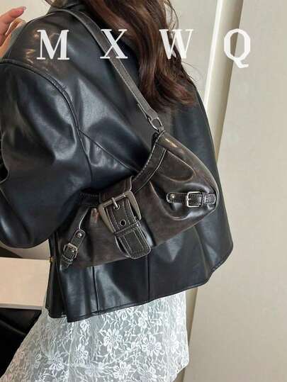 1 件女士复古朋克摩托车铆钉装饰可调节肩带大容量柔软仿油皮革渐变色单肩腋下法棍方形包，适合工作、通勤、约会、派对