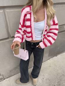 Vivid Style Women's V-Neck Contrast Striped Loose Cropped Knit Cardigan, Drop Shoulder Autumn/Winter Cardigan, Christmas, New Year