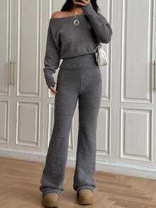 Women's Casual Cute Fluffy Soft 2-Piece Set, Y2K Street Style Solid Color Off-Shoulder Knit Sweater Top Paired With Long Sleeve Knit Pants, Suitable For Daily Wear, Casual Home, Back To School Season, Autumn/Winter Outings, Also Suitable For Country Music Festivals, Christmas, Thanksgiving And New Year Occasions