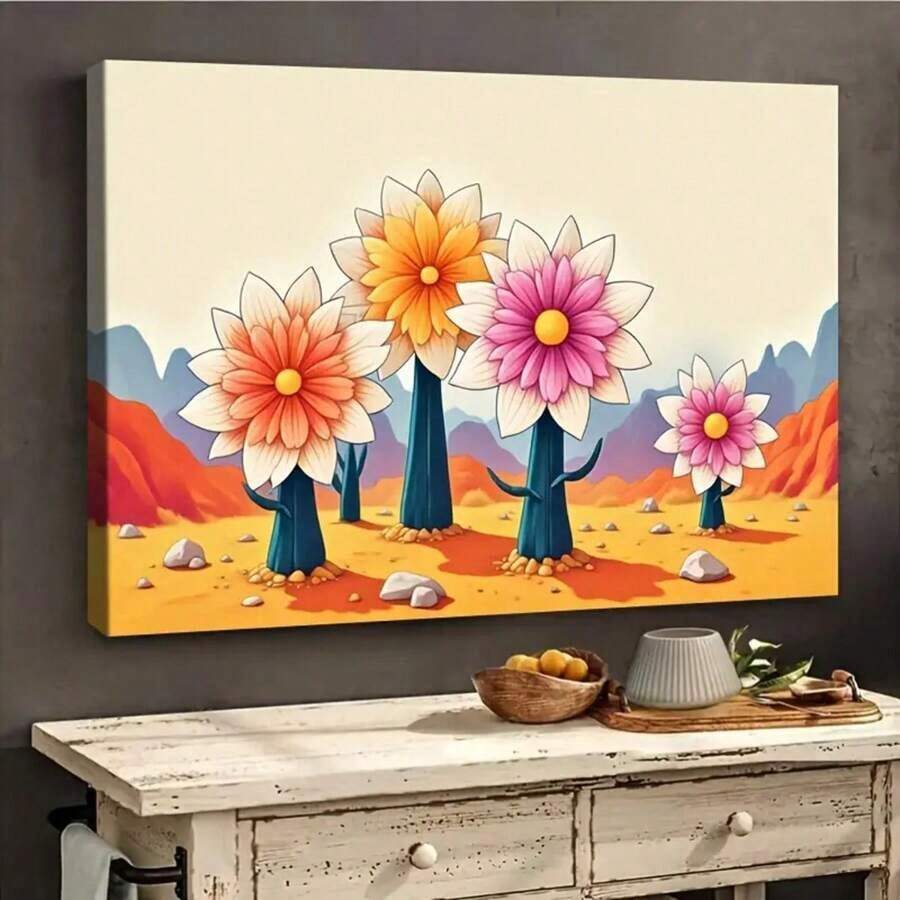 2D Plano, 1 Pieza Arte de Lienzo Floral del Desierto - Marco de Madera Sólida Pintura al Óleo de Paisaje Floral, Decoración de Pared Floral Vibrante Impermeable Lista para Colgar, Adecuada para Sala de Estar, Dormitorio, Oficina, Cafetería, Decoración Natural, Estructura de Marco Envuelto, Interior y Exterior Universalúltiples Tamaños, Puede Colgarse Directamente, Decoración del Hogar, Aporta Diversión Visual al Hogar - Multicolor - Ver 1