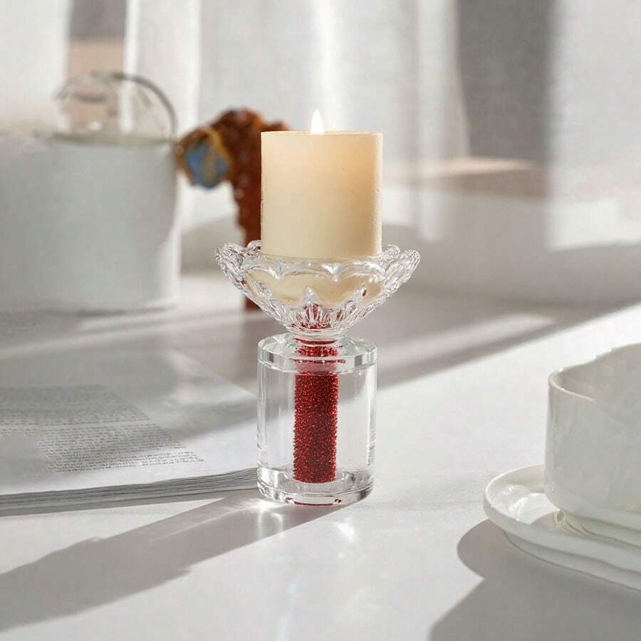 1pc Elegant Transparent Crystal Glass Candle Holder, Can Be Used In Living Room, Bedroom, Dining Room, Study To Create A Warm And Soothing Ambiance, Candle Not Included