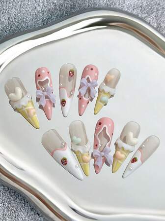 Stiletto Nails French Handmade Press-On Nails: Multicolored Nails With Heart, Pearl, Bow Accessories, Ombre Hand-Painted Y2K Creative Patterns, Cute Color Clash 3D Design, Full-Cover Artificial DIY Glittery False Nails, False Nails For Parties, Outdoor, Beach, Daily, Holidays, Gatherings, Work & Special Events - 10 Pieces/Bag