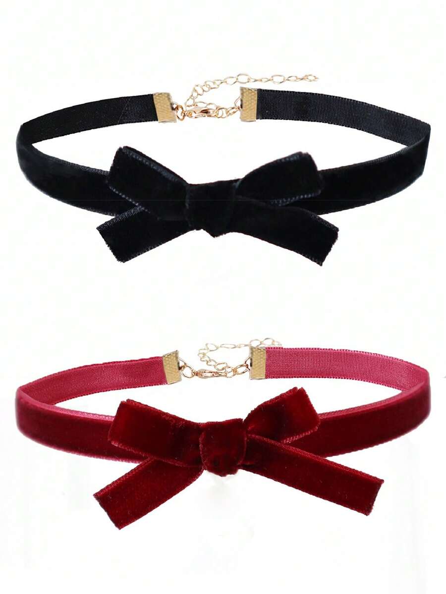 1件女士复古哥特式天鹅绒蝴蝶结颈链，可定制锁骨链 - 彩色 - 查看 1