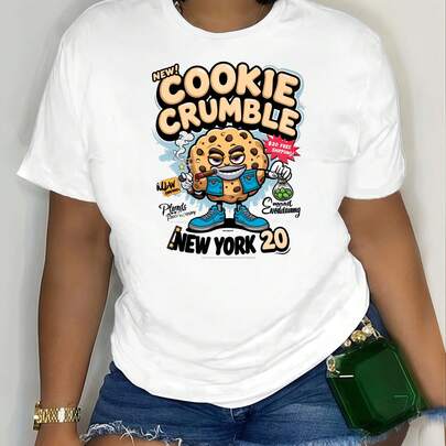 Camiseta Cookie Crumble New York 20 Blanca Casual Verano Moda de Calle Top Algodón Unisex, Patrón Geométrico, Ajuste Regular, Lavable a Máquina, Comodidad para Todas las Estaciones, Camisetas de Navidad