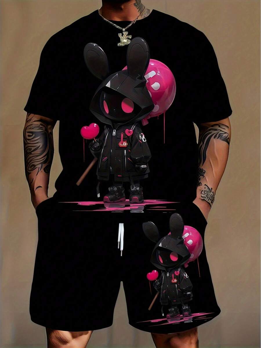 Halloween Doll Balloon Pattern 3D Digital Print New Summer Men'S Top And Pants Set Outdoor Casual Sportswear With Drawstring Round Neck Short Sleeve T-Shirt And Shorts Loose Street Style Running Outfit - 彩色 - 查看 1