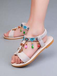 1 Pair Girls Vintage Beaded Flat Sandals, Soft Sole Non-Slip Children Roman Sandals, Suitable For Summer - Beige - View 6