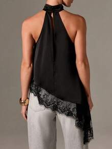 Women Y2k Halter Neck Tops Lace Trim Satin Tank Tops Vest Summer Sleeveless Open Back Irregular High Neck Asymmetrical Tops Going Out Shirt Tops Streetwear Aesthetic Clothes Elegant Party Wear - 黑色 - 查看 2