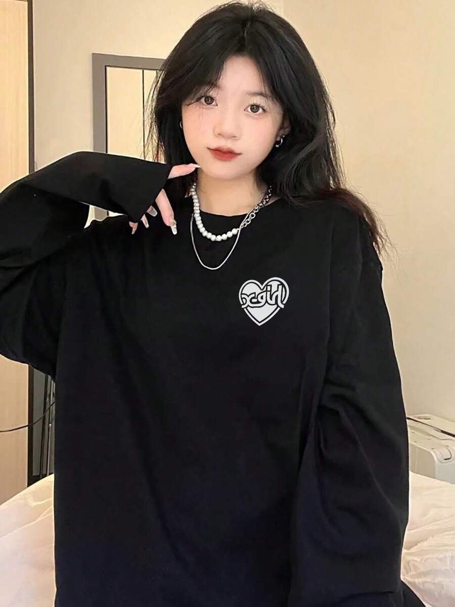 [Women's New Fall/Winter Series] Daily Casual Loose-Fit Round Neck Cotton Color Print 210g Long Sleeve T-Shirt - Black - View 1