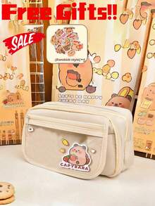 7pcs Set, Including Pencil Case & Doll, 5pcs Stickers, Cute Hamster Pencil Box, Multi-Layer Hamster Pencil Box, Hamster Brooch Hamster Bag, For Organizing School Items, Pens, Rulers, Erasers, Home Decor, (5pcs Stickers Random) - Beige - View 3