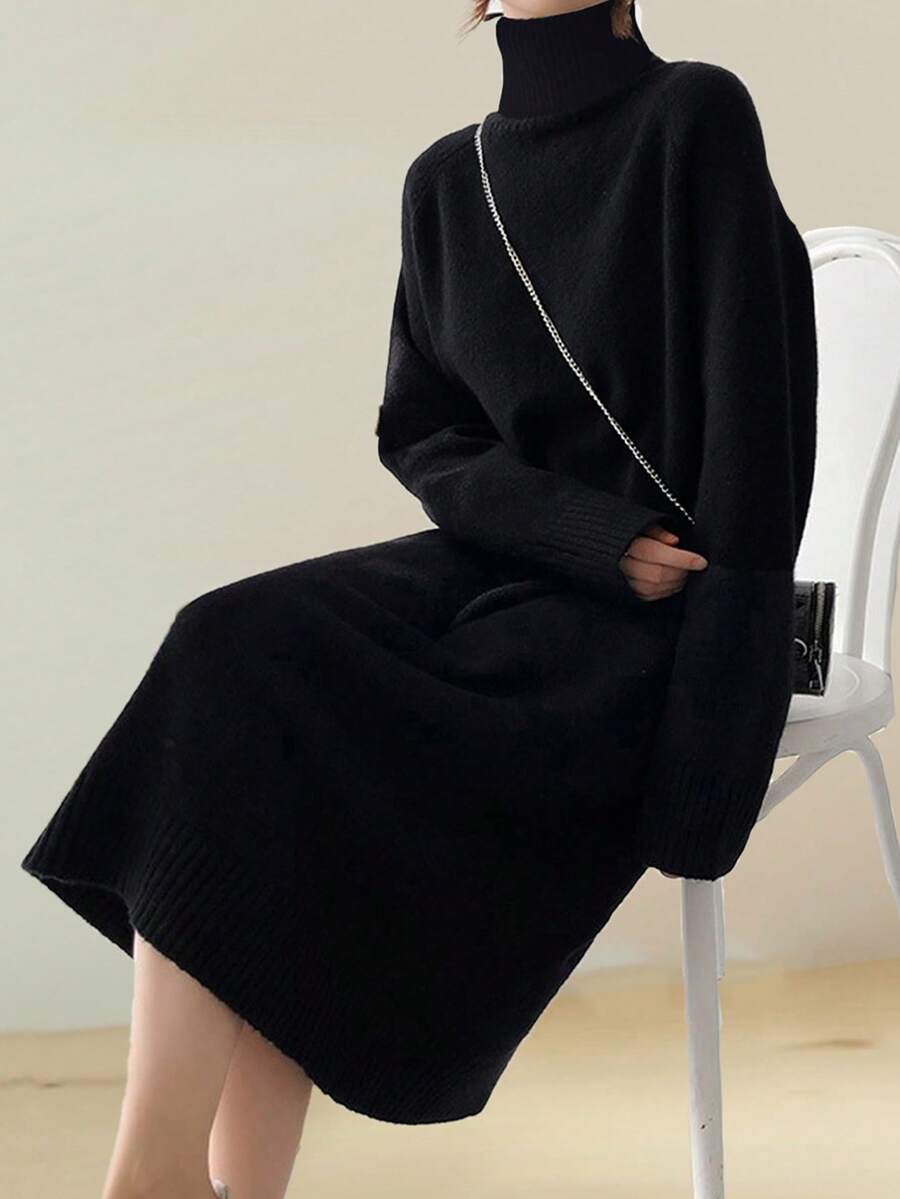 女士纯色高领长袖休闲修身针织毛衣连衣裙 - 黑色 - 查看 1
