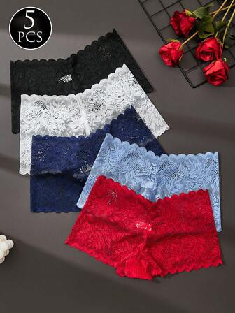 Paquete de 5 bragas sexy de encaje de cintura baja y control de abdomen de varios colores para mujer