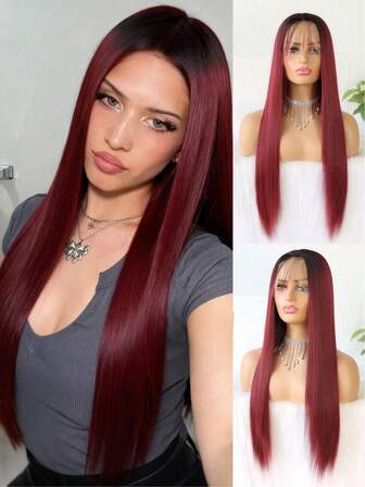 Vinröd med mörka rotar Lace Front Peruk Rak Syntetisk Lace Frontal Peruk Värmebeständig Fiber 13X4 HD Lace Peruker Förplockad Fest Dagligen För Kvinnor 24 Tum