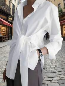 Women's Elegant White Long Sleeve Shirt Collar Blouse With Stylish Front Tie Detail And Regular Hem Non-Stretch Polyester Fabric For Versatile Wear