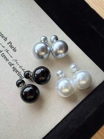 Set de 3 piezas de pendientes elegantes minimalistas de perlas falsas de doble cara, un conjunto de pendientes versátil y elegante adecuado para uso diario y festivo de las mujeres